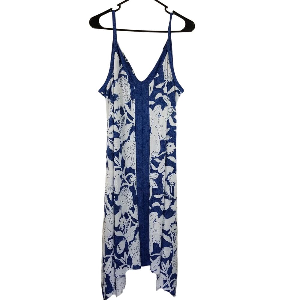 Shoreline Blue White Hawiian Floral Sharktail Sleeveless Vacation Dress M